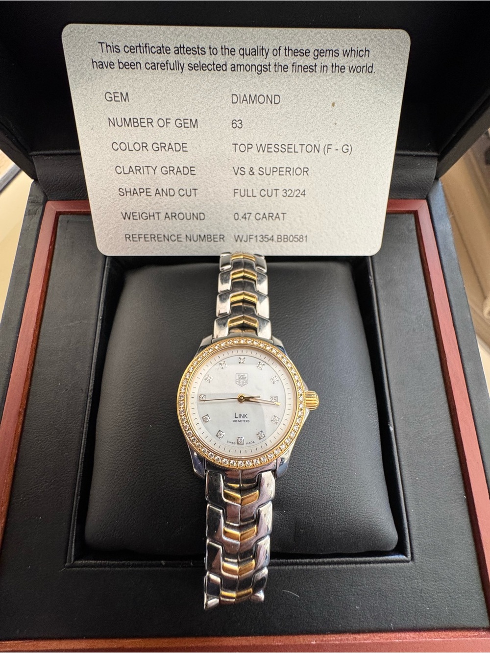 TAG Heuer Link Ladies Diamond Watch WJF1354.BB0581 Two-Tone MOP Box Papers